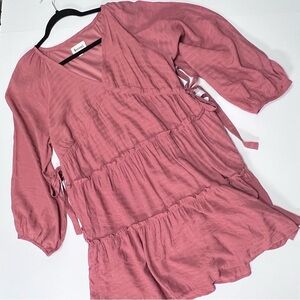 &Merci Pink Boho Babydoll Tiered Dress Long Sleeve Size L
